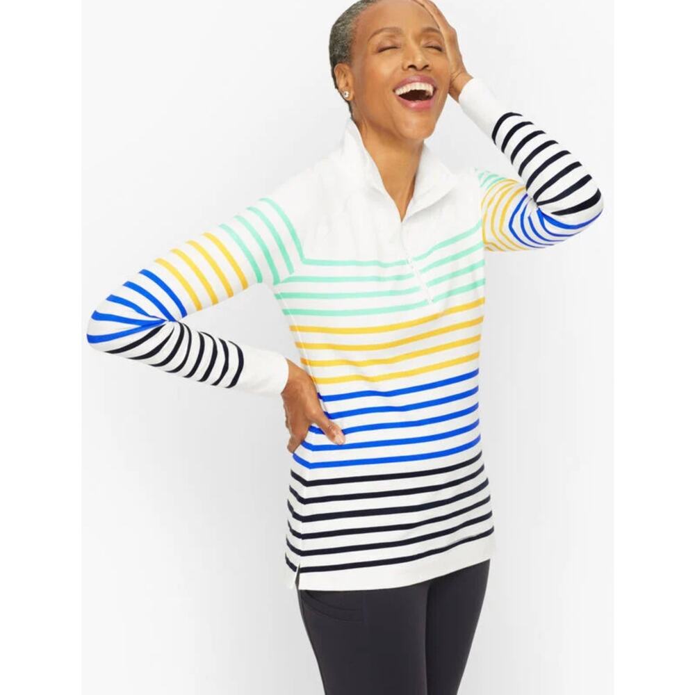 T by Talbots Womens L Petite Multicolor Stripe Half Zip Pullover Casual Top